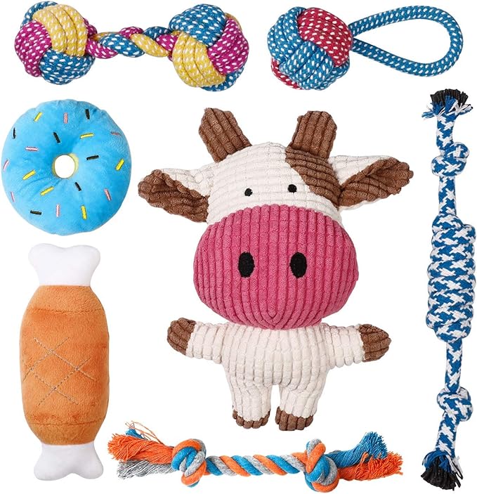 Toozey 7 Pack Small Dog Toys, Puppy Teething Toys, Durable Ropes Chew Toys, Cute Calf Squeaky Dog Toys, Non-Toxic and Safe