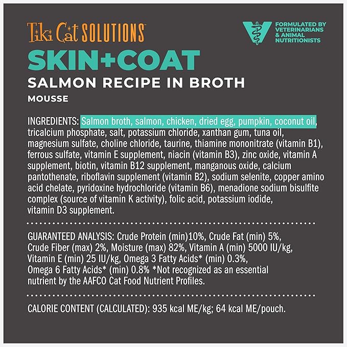Tiki Cat Solutions Mousse Skin & Coat Mousse, Salmon Recipe, Specially Formulated with Omega Fatty Acids, Functional Wet Cat Food for Adult Cats, 2.4 oz. Pouch (12 Pack)