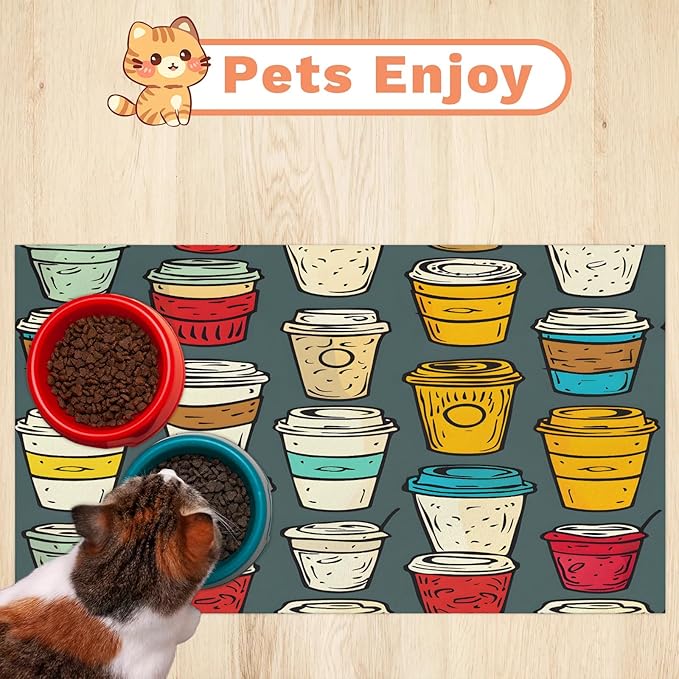 Vintage Coffee Dog Food Mat for Floors Absorbent Dog Bowl Mat for Food and Water Dispenser Quick Dry Cat Food Placemat Pet Supplies 12" x 20", Colorful Coffee