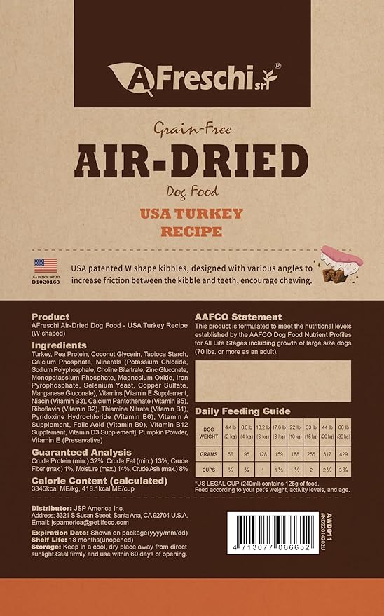 A Freschi srl Air-Dried Puppy & Adult Dog Food - Real Turkey Recipe | Grain-Free | High-Protein for Toy, Small & Large Breeds | Ideal for Picky Eaters, 2.2 lb Bag