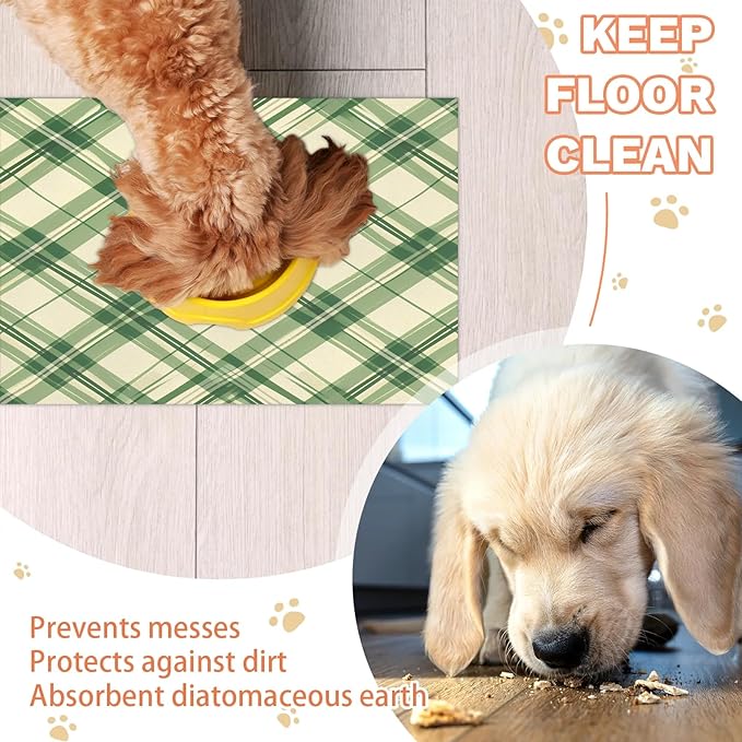 Check Dog Food Mat for Floors Absorbent, Quick Dry Water Dispenser Mat for Food, Water, Pet Supplies 17" x 30", Green White Plaid