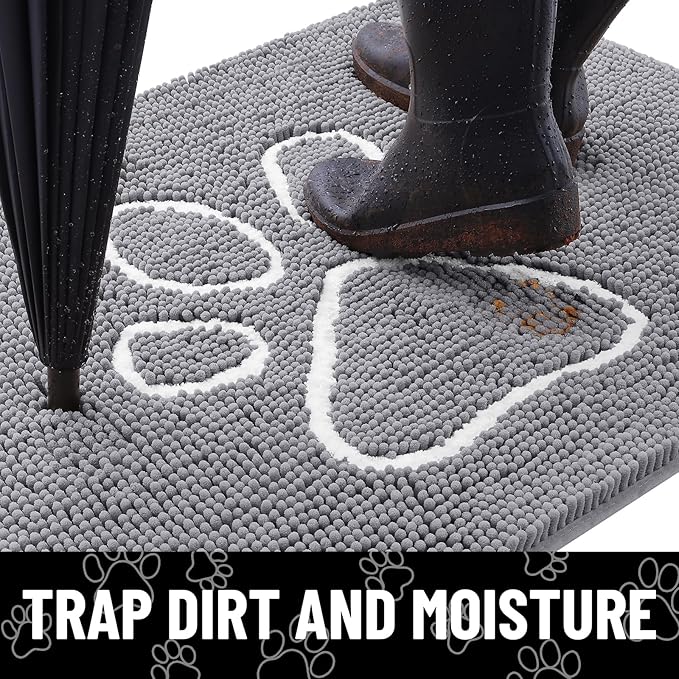 Smiry Dog Door Mat for Muddy Paws, Absorbent Dirt Trapper Non Slip Quick Dry Washable Chenille Mat for Mud Dogs, Entry Rug for Indoor and Outdoor (36x24 Inches, Grey and White)