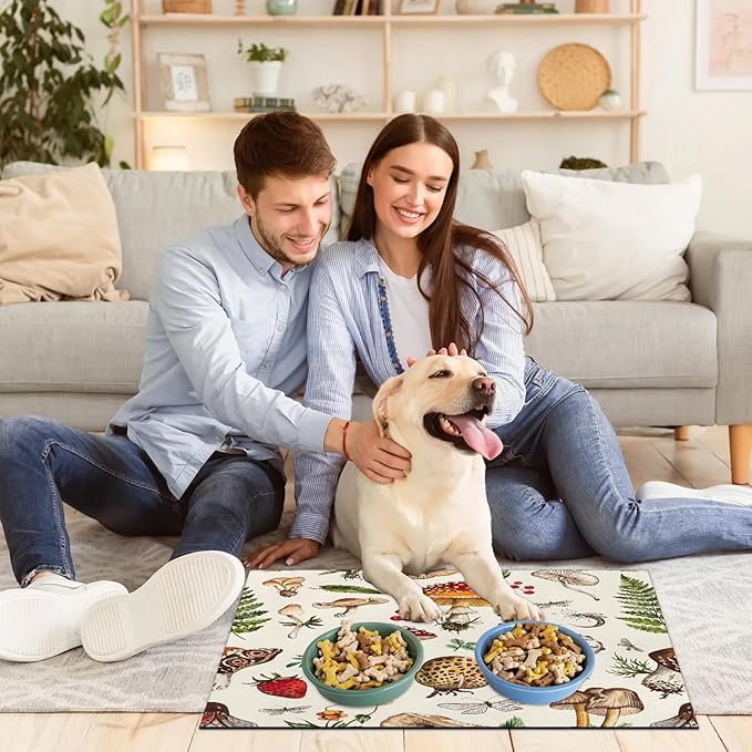 Cute Mushroom Dog Food Mat for Floors Absorbent Dog Bowl Mat for Food and Water Dispenser Quick Dry Cat Food Placemat Pet Supplies 24" x 32", Fall Plant