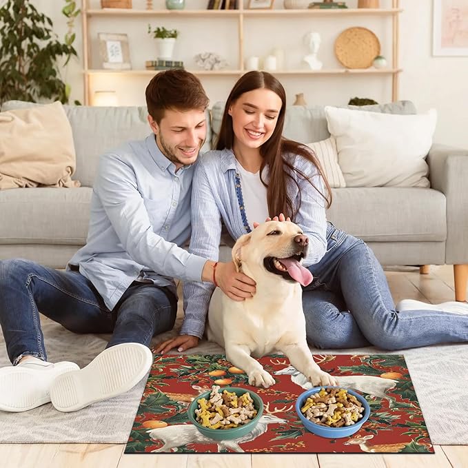 Christmas Deer Dog Food Mat for Floors Absorbent, Quick Dry Water Dispenser Mat for Food, Water, Pet Supplies 12" x 20", Holly Xmas