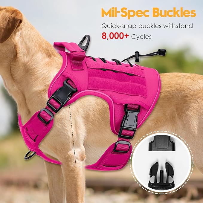 Heavy-Duty Tactical Dog Harness for Large Dogs, No Pull Adjustable Reflective Pet Vest with Molle System, K9 Military-Grade Control for Service Training, Outdoor & 10+ Breeds, Hot Pink, X-Large
