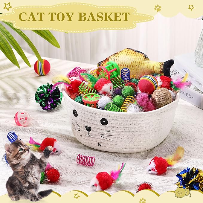 Zopeal 58 Pcs Easter Cat Storage Basket Gift Toys Set, Colorful Flashing Balls Pet Bell Crinkle Balls Spring Toys Attract Cat to Swat, Hunt, Interactive for Pet(White,9.8 Inch)