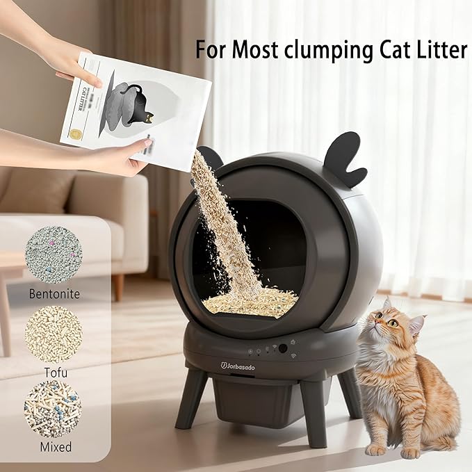 J JORBASADO Self Cleaning Litter Box, Large Capacity Automatic Litter Box Self Cleaning for Multiple Cats with Dual Safety Protection, Odor Control, with Deer Antler Decor