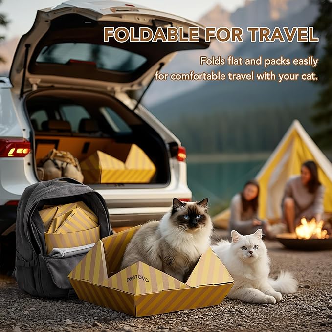 PETNOVO Foldable Cat Bed & House for Travel – Origami Cardboard Cat House with Built-in Honeycomb Scratcher Pad, No-Tools Assembly, FSC-Certified Recyclable, Yellow, 18.5" L x 18.5" W x 11.8" H