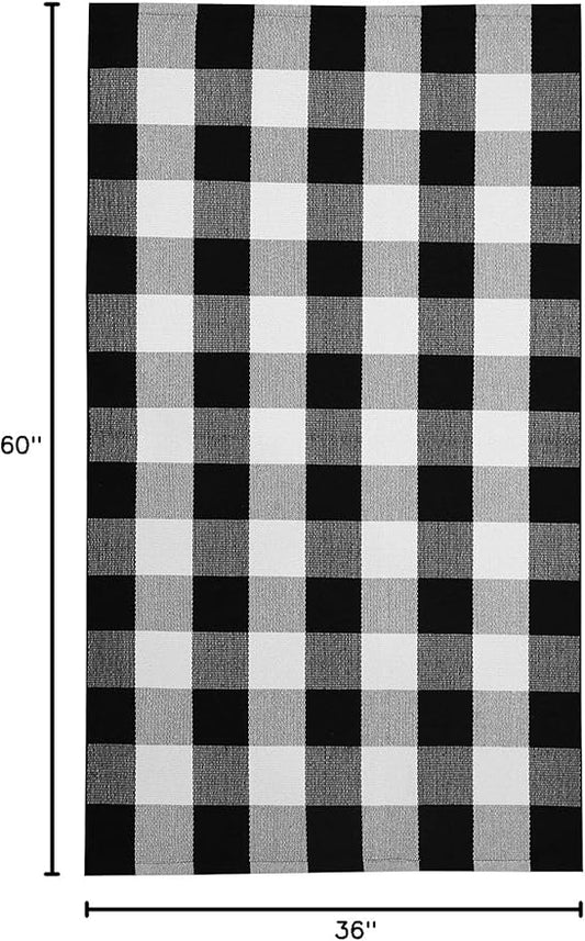 KOZYFLY Buffalo Plaid Area Rugs 3x5 Ft Black and White Checkered Rug Washable Front Door Mat Hand Woven Cotton Outdoor Rug Large Rug for Front Porch Kitchen Entryway Patio Bathroom