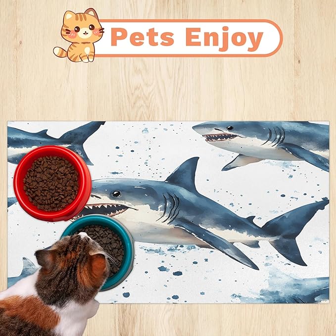Nautical Sharks Dog Food Mat for Floors Absorbent Dog Bowl Mat for Food and Water Dispenser Quick Dry Cat Food Placemat Pet Supplies 24" x 32", Ocean Sea