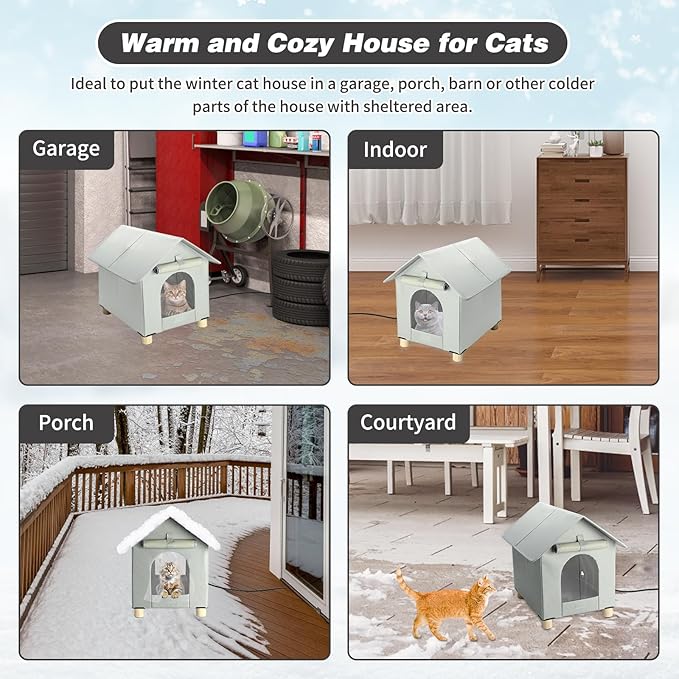 BWOGUE Elevated Heated Cat House for Outdoor Cats in Winter, Waterproof & Insulated Feral Cat Shelter for Outside Cats,Weatherproof Feral Cat House for Outside (Grey, L)