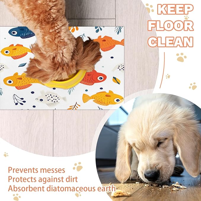 Cute Fish Dog Food Mat for Floors Absorbent Dog Bowl Mat for Food and Water Dispenser Quick Dry Cat Food Placemat Pet Supplies 16" x 24", Coral