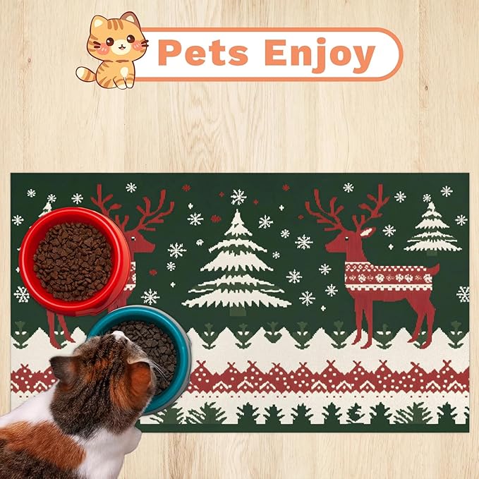 Xmas Elk Dog Food Mat for Floors Absorbent, Quick Dry Water Dispenser Mat for Food, Water, Pet Supplies 16" x 24", Christmas Tree