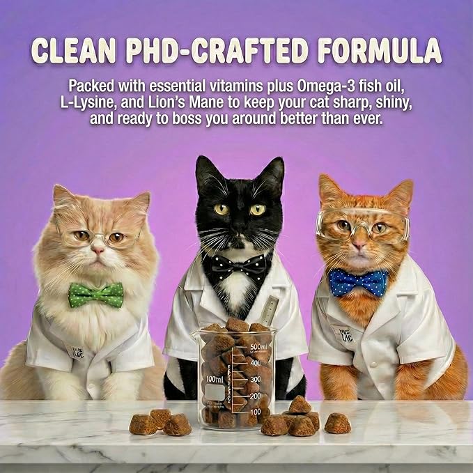 Human-Grade Cat Multivitamin | 15-in-1 Cat Vitamins for Indoor Cats + Taurine + Fish Oil + L-lysine + Lion's Mane | Feline Vitamins and Supplements | 45 Day Supply of Soft Chews