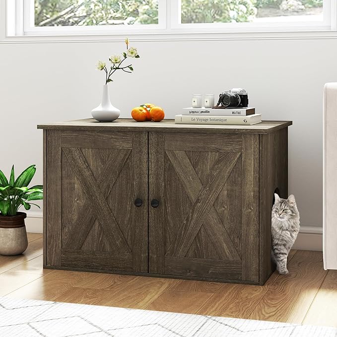 Tangkula Cat Litter Box Enclosure, Hidden Cat Washroom Cabinet with Double Doors, Divider, Side Entry, Indoor Wooden Cat House End Table, Enclosed Litter Box Furniture (Oak)