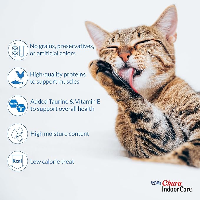 INABA Churu Indoor Care for Hairball Control, Functional Lickable Cat Treat with Taurine & Green Tea Extract, 0.5oz Each, 60 Tubes Total, Tuna & Chicken Variety
