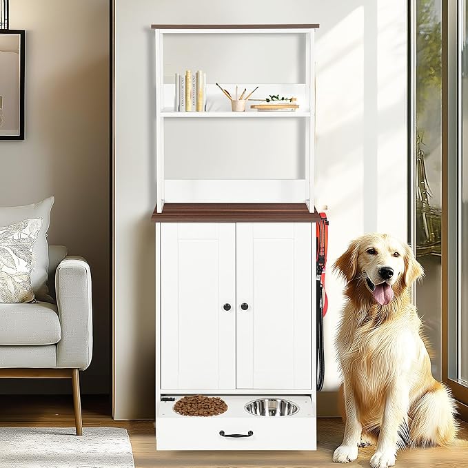 Pet Feeding Station with Bowls, Adjustable Panel, Dog Feeding Station with Storage, Pet Feeder Station for Dogs Cats for Feeding & Watering Supplies,Dog feeding station with 2-level shelving White