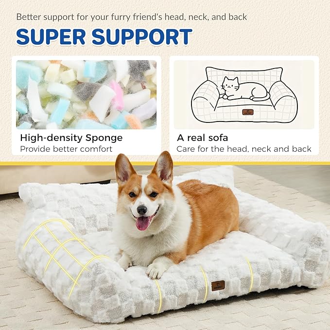 Cat Bed Dog Couch for Puppy and Kitten, Fluffy Dog Bed Medium Dogs Couch, Supportive Cat beds for Indoor Cats, Washable Cover & Non-Slip, 32 inch, White