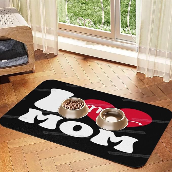 Pet Feeding Mat for Floors Waterproof Dog Mat for Food and Water Happy Mother's Day I Love Mom Gift Red Heart Absorbent Quick Dry Non Slip Mats Cat Bowls 24x16In