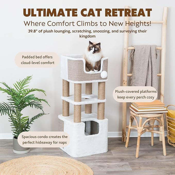Trixie Lucano Cat Tree, 39.8-in Cat Tower with 8 Jute Scratching Posts & Plush & Sisal Covered Condo, Sturdy Base, Interactive Pom-Poms, Indoor Furniture for Climbing & Relaxation, Brown