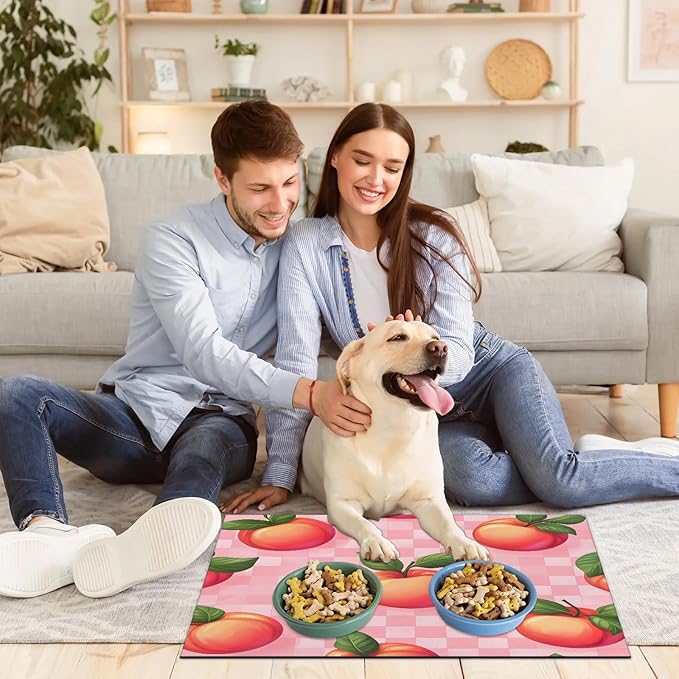 Peach Fruit Dog Food Mat for Floors Absorbent Dog Bowl Mat for Food and Water Dispenser Quick Dry Cat Food Placemat Pet Supplies 12" x 20", Buffalo Check
