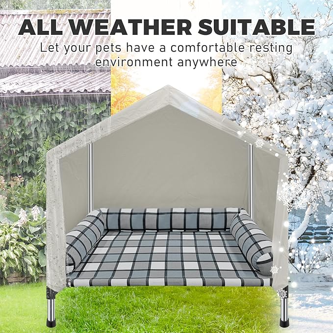 Elevated Dog Pet Bed House - Weatherproof 2-in-1 Indoor Outdoor Pet Cot with Canopy & Bolster Cooling Portable Raised Dog Bed with Pillow for Camping Beach