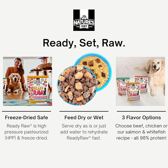 Nature's Diet Ready Raw : Freeze-Dried Raw Dog Food, Chicken, Human Grade, High Pressure Pasteurized (HPP), 96% Meat, Organ, Bone, Safe & Natural, Dry or Wet Feeding