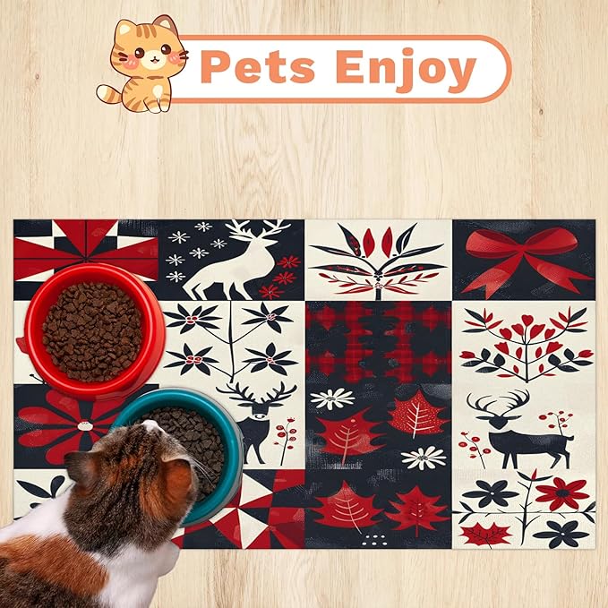 Xmas Deer Dog Food Mat for Floors Absorbent, Quick Dry Water Dispenser Mat for Food, Water, Pet Supplies 17" x 30", Christmas Tree