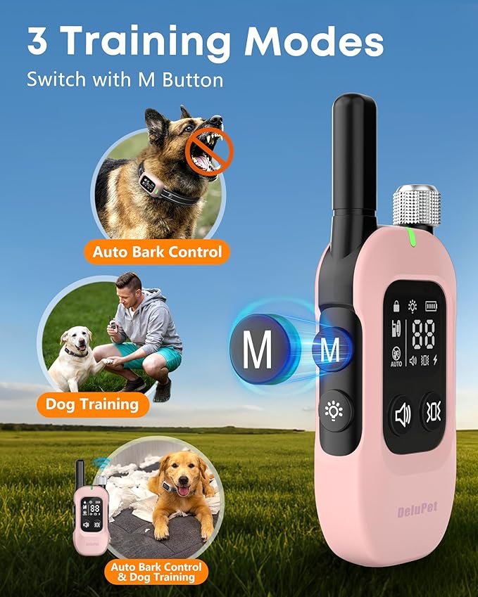 Delupet 2-in-1 Dog Bark & Training Collar – 4500FT Shock Collar with Remote Control, Automatic Anti-Barking E Collar with IPX8 Waterproof & LED Light for Small Medium Large Dog (Pink)
