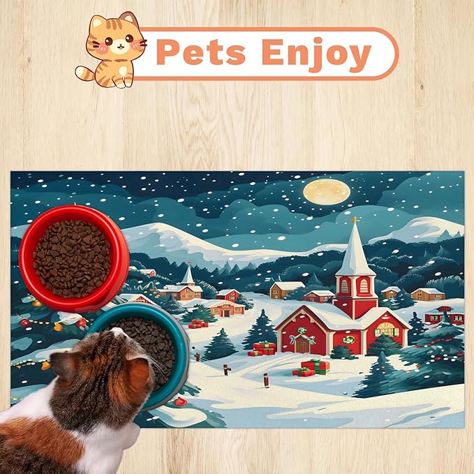 Christmas Xmas Dog Food Mat for Floors Absorbent, Quick Dry Water Dispenser Mat for Food, Water, Pet Supplies 24" x 32", Winter Village