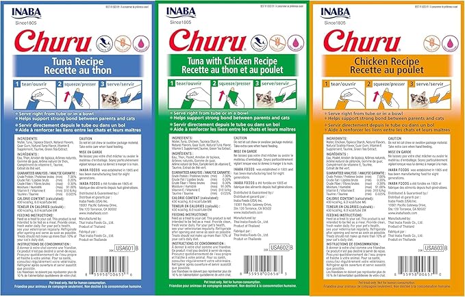 INABA Churu Lickable Purée Natural Cat Treats Tuna & Chicken 3 Flavor Assortment of 12 Tubes