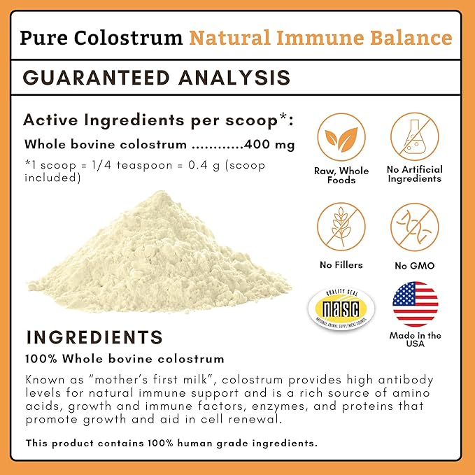 Wholistic Pet Organics Colostrum for Dogs & Cats - Bovine Colostrum Powder - Cat & Dog Allergy Relief, Immune Support & Itching Skin Relief - Cat and Dog Vitamins for Itchy Skin - 2 oz - 140 Scoops
