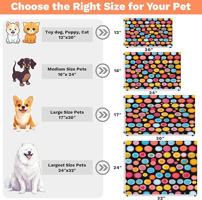 Polka Dot Dog Food Mat for Floors Absorbent Dog Bowl Mat for Food and Water Dispenser Quick Dry Cat Food Placemat Pet Supplies 16" x 24", Colorful Circles