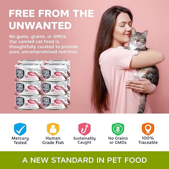 Pure Cravings Salmon Flakes in Tuna Consommé, Canned Wet Cat Food Soup, 100% Mercury-Tested, Moist Can Fish, Grain-Free Protein, Non-GMO, 3oz, Pack of 12