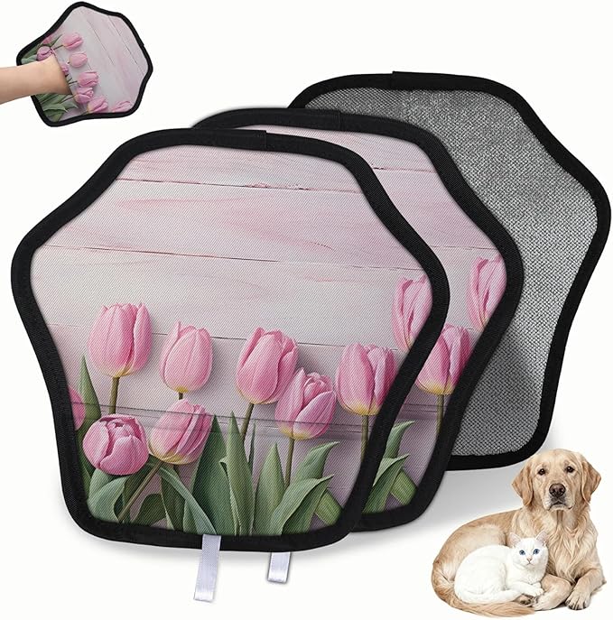 Flower Tulip Electrostatic Pet Hair Removal Glove for Cats & Dogs - Reusable Grooming Mitt for Couch, Carpet, Car Seat & Laundry - Large 9x9 Inch