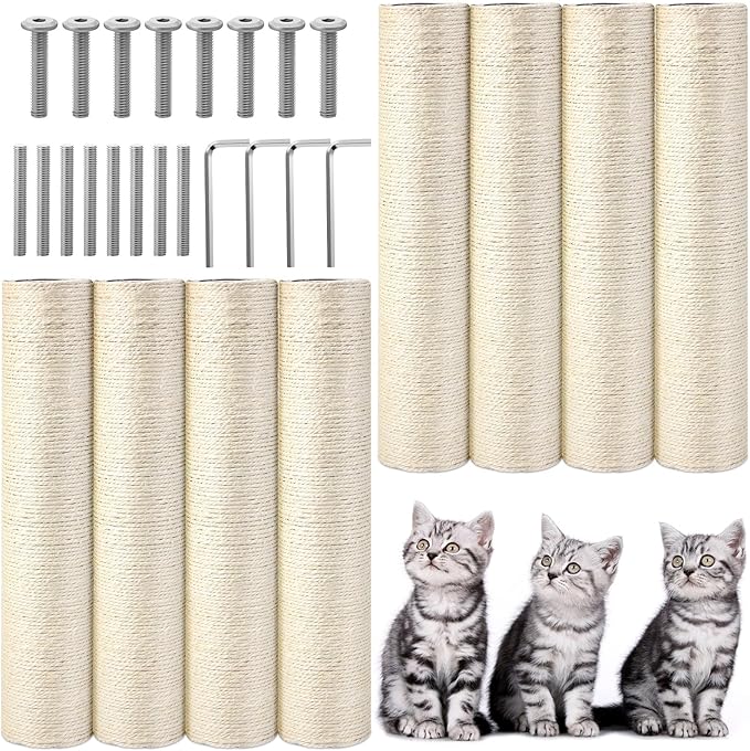 8 Pcs M8 Cat Scratching Post Replacement 15.7x3.1'' Sisal Pole Cat Tree Climbing Post Replacement with Screw, Refill Scratcher Pole for Indoor Kitten Tree Tower Spare Pet Furniture Protector