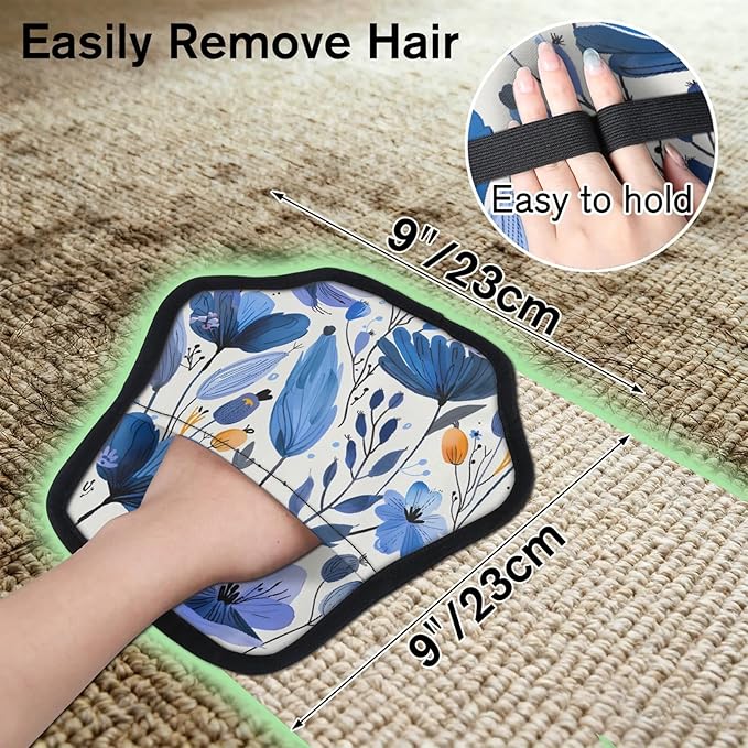 Reusable Pet Hair Removal Glove Blue Flowers Floral Magic Brush for Cat & Dog Hair Remover for Car, Sofa, Bedding, Clothes - 9x9 Mitt Washable