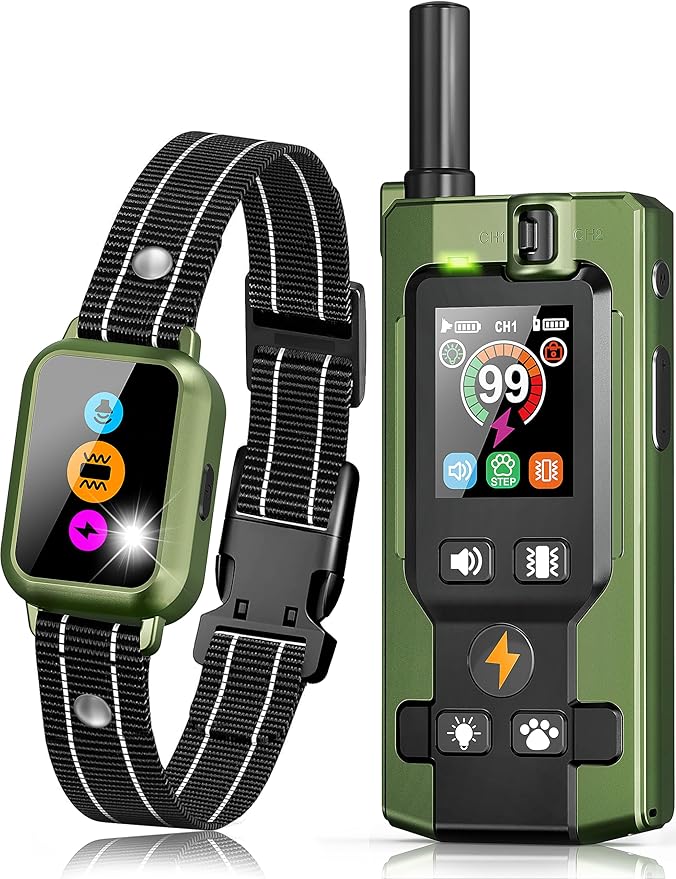 Dog Training Collar with Remote - Upgraded 5 Modes with Step Counting & Light Dog Shock Collar 3300FT IP67 Waterproof Rechargeable E-Collar for Large Medium Small Dogs (Green)