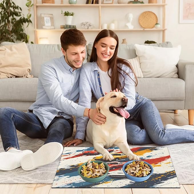Race Car Dog Food Mat for Floors Absorbent, Quick Dry Water Dispenser Mat for Food, Water, Pet Supplies 24" x 32", Retro Car