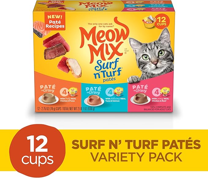 Meow Mix Paté in Gravy Wet Cat Food Variety Pack, Surf n’ Turf Patés 2.75 Ounce (Pack of 12)