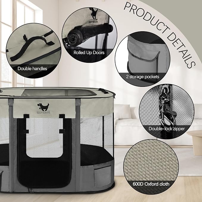 Rest-Eazzzy Dog Playpen, Foldable Kitten Playpen for Medium Dogs, Portable Pet Puppy Playpen with Removable Shade Cover, Indoor Outdoor Travel Camping Use for Small Pets with Carrying Case (XL, Grey)