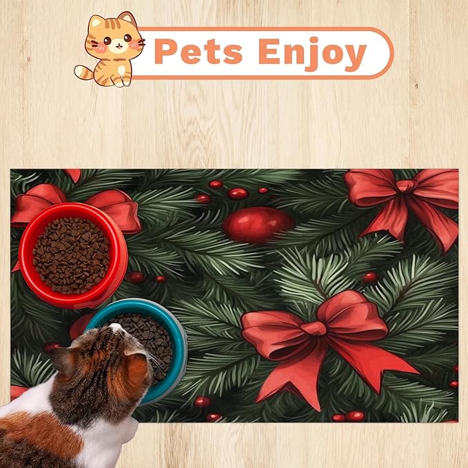 Xmas Pine Tree Dog Food Mat for Floors Absorbent, Quick Dry Water Dispenser Mat for Food, Water, Pet Supplies 24" x 32", Christmas Bow