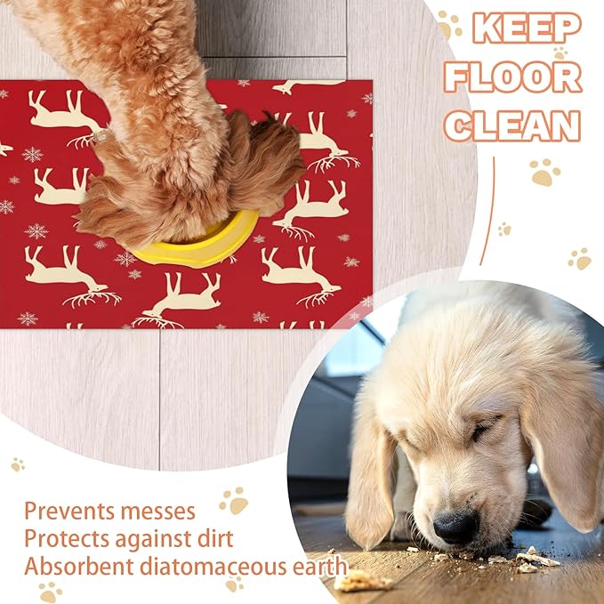 Xmas Elk Dog Food Mat for Floors Absorbent, Quick Dry Water Dispenser Mat for Food, Water, Pet Supplies 16" x 24", Gold Deer