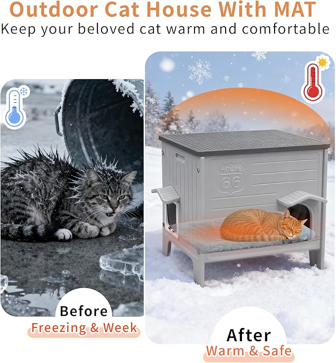 Rockever Waterproof Cat House for Outdoor Cats, Insulated Outdoor Cat House with Soft Mat, Elevated Feral Cat House Outdoor Indoor, Safe Escape Door, Spacious and Clean Easily(L,Grey with Mat)