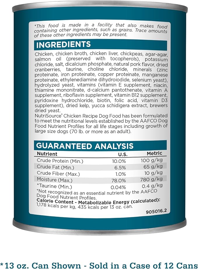 NutriSource Grain Free Wet Dog Food, Chicken and Chicken Liver, 13 Ounce (Pack of 12)