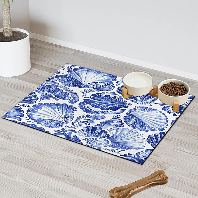 Tie Dye Dog Food Mat for Floors Absorbent Dog Bowl Mat for Food and Water Dispenser Quick Dry Cat Food Placemat Pet Supplies 17" x 30", Seashell Coastal