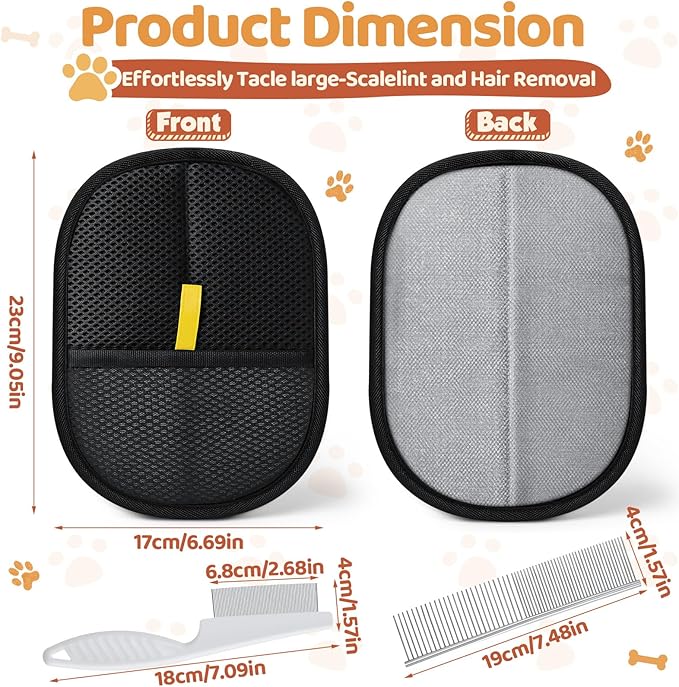 6 Pcs Pet Hair Removal Glove for Cats & Dogs Reusable Static Pet Hair Remover Grooming Glove Brush Tool with Flea Comb and Grooming Comb for Furniture Clothing Bedding Sofa Carpet