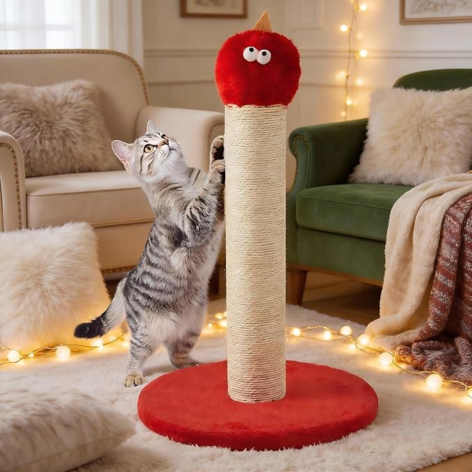 22'' Cat Scratching Post, Cat Scratchers Tree Tower for Indoor Kitty with Extra Wide 13.4" Stable Base, Scratching Post with Natural Sisal & Velvet Fabric for Small, Medium Cat, Red