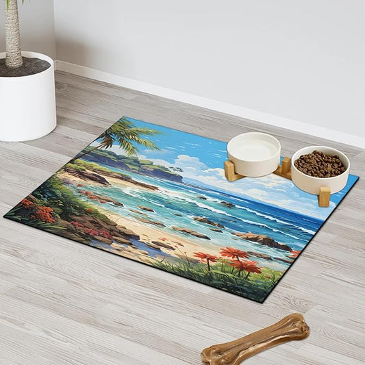 Ocean Beach Dog Food Mat for Floors Absorbent, Quick Dry Water Dispenser Mat for Food, Water, Pet Supplies 24" x 32", Tropical Palm Tree