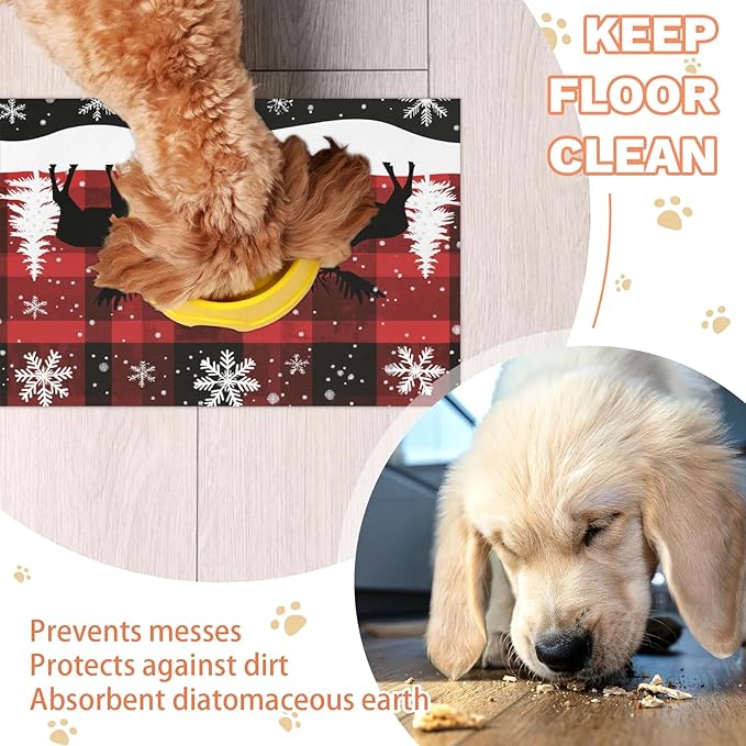 Winter Snowflakes Trees Moose Dog Food Mat for Floors Absorbent, Quick Dry Water Dispenser Mat for Food, Water, Pet Supplies 12" x 20",